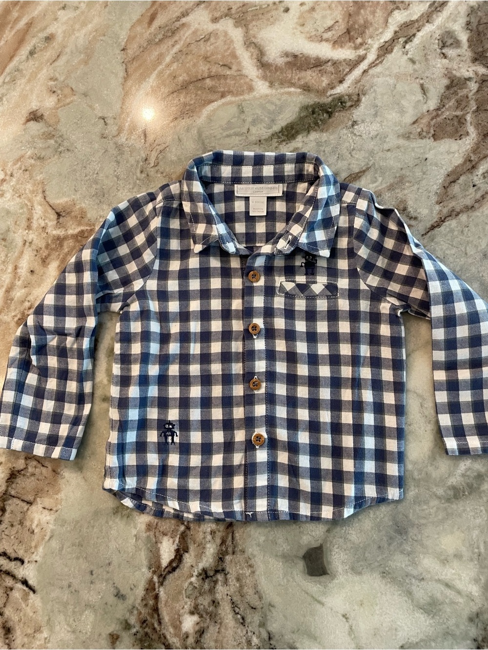 The Little White Company Boys Plaid Button Up Blue Dress Shirt Robots 6-9 Months